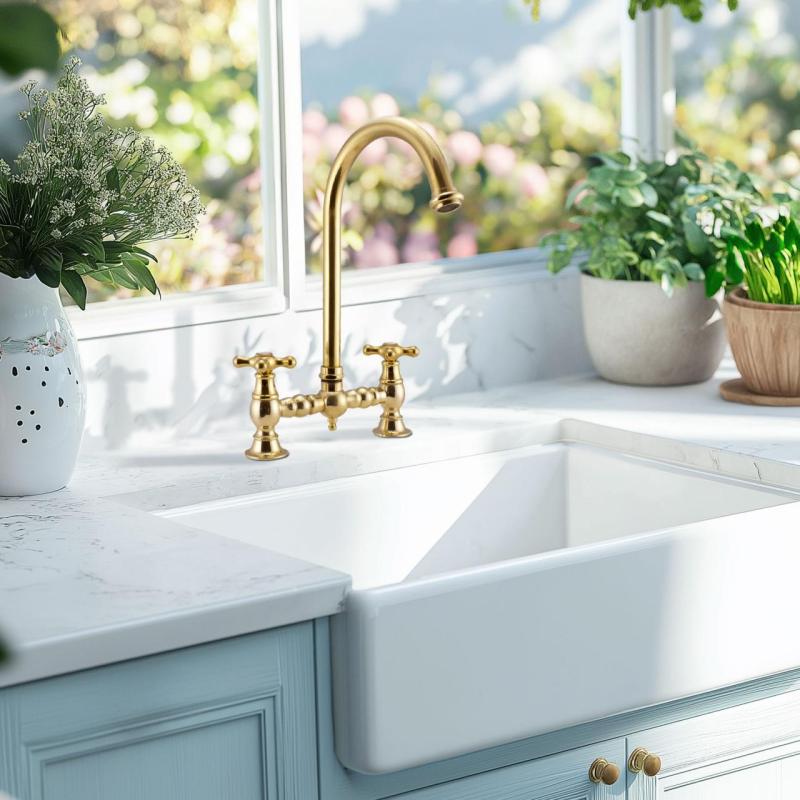 PB Носталгичен месингов кухненски смесител с кръгъл чучур и звездовидни ръкохватки 1208954669