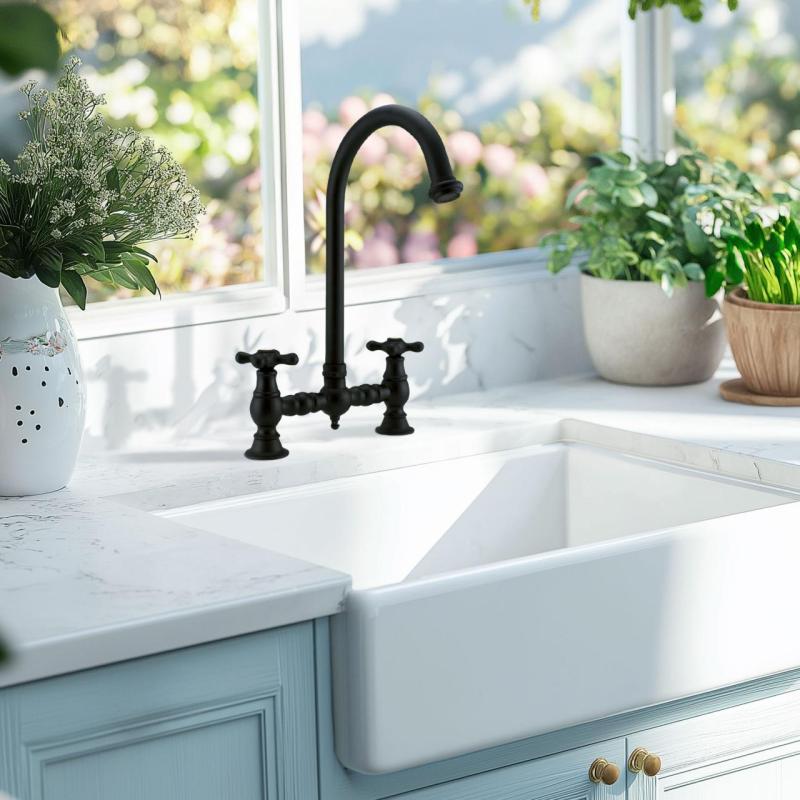 PB Носталгичен кухненски смесител с  кръгъл чучур и звездовидни ръкохватки, матово черен 1208954671