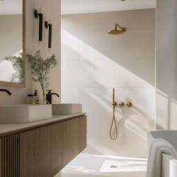 Вграден душ комплект с термостат от Waterrevolution Flow с дъждовен душ и ръчен душ, изработен от четкан месинг