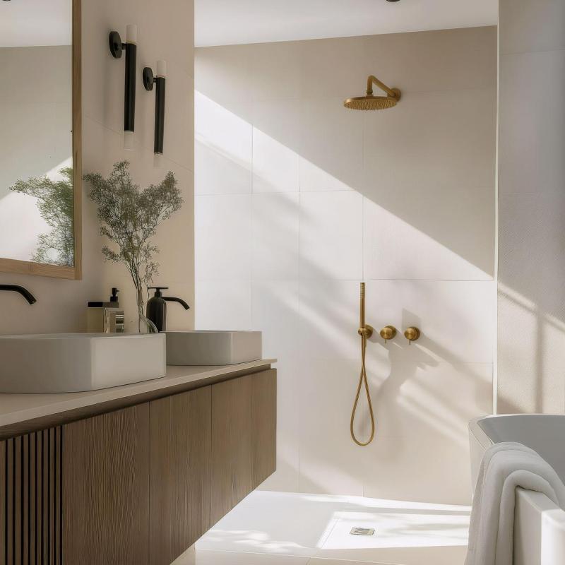 Вграден душ комплект с термостат от Waterrevolution Flow с дъждовен душ и ръчен душ, изработен от четкан месинг