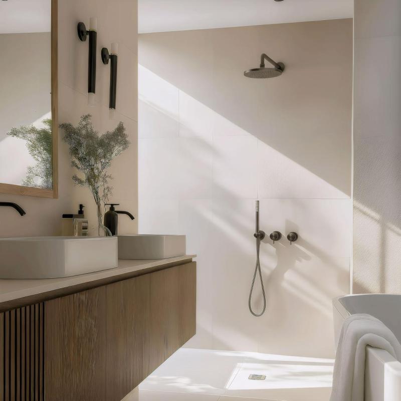 Вграден комплект за душ Waterevolution Flow с термостат, душ глава за дъжд и ръчен душ в цвят пушка метал