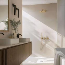 Вграден комплект за душ Waterevolution Flow с термостат, душ глава и ръчен душ в цвят на леко злато PVD