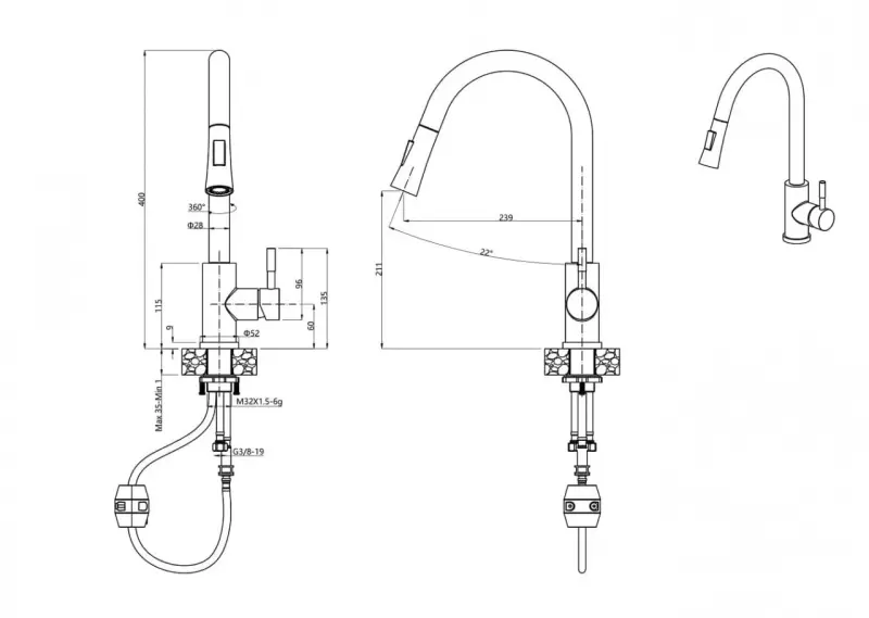 Quadri Leeds Кухненски смесител с издърпващ се душ с 2 режима, матирано черно 1208955907