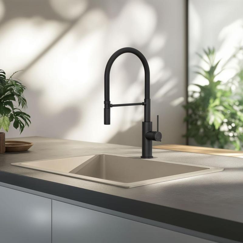 Quadri Retford Кухненски смесител в матово черно с гъвкав чучур в черно 1208956090