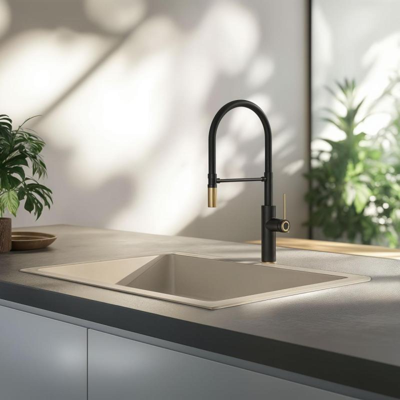 Куадри Ретфорд кухненски смесител черен със златно покритие и гъвкав черен излив 1208956092.