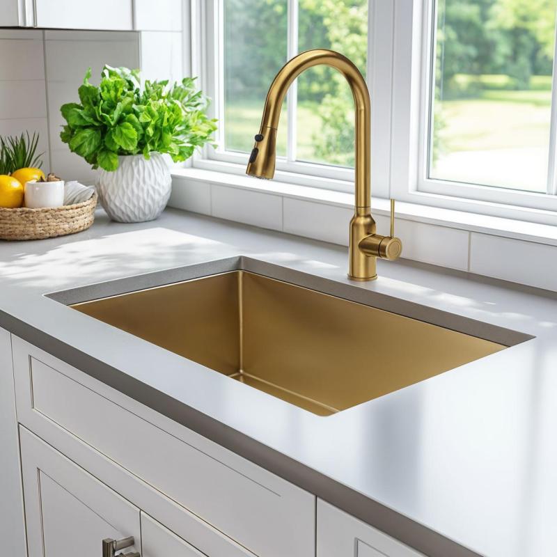 Quadri Stamford Кухненски смесител в златно с издърпващ се чучур и душ режим 1208956093