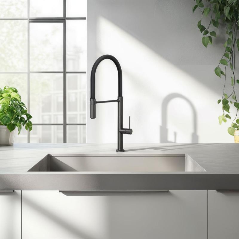 Quadri Brighton Кухненски смесител  в цвят gun metal с гъвкав чучур в черно 1208956104