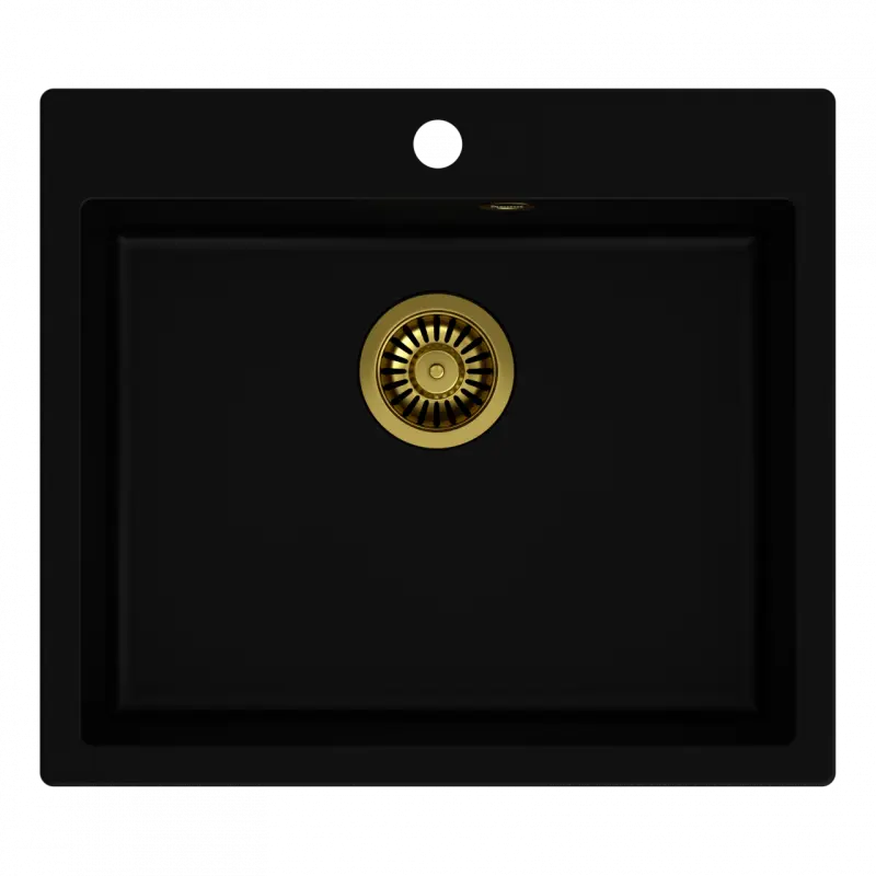 Quadri Sheffield въздушен мивка за вграждане от черен гранит 57x50cm с отвор за смесител и златист щепсел 1208956116