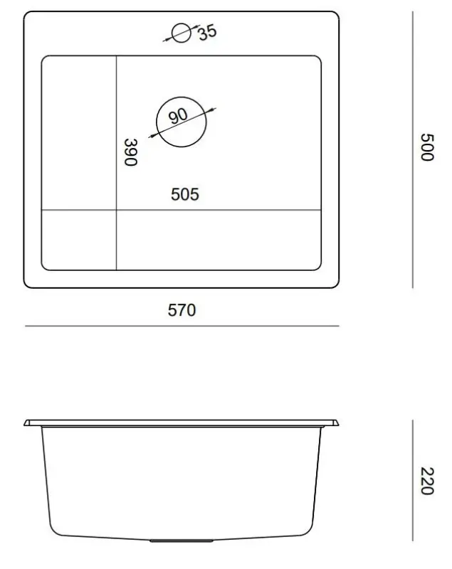 Quadri Sheffield въздушен мивка за вграждане от черен гранит 57x50cm с отвор за смесител и златист щепсел 1208956116