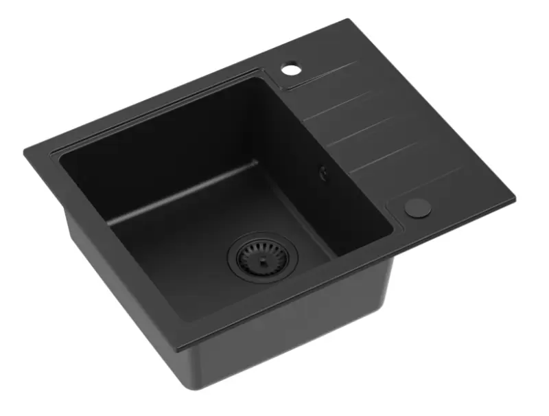 Quadri Cardigan черна гранитна мивка за повърхностен монтаж с черна цедка и отцедник, обръщаема 62x50 см 1208956163