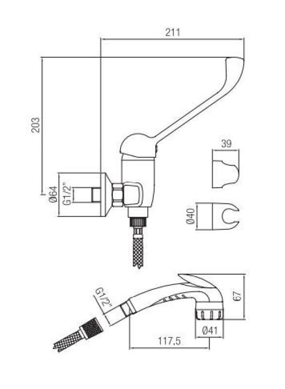 PB Clinic душов смесител за хора с увреждания с дълга ръкохватка в хром и ръчен душ с щипка 1208956283
