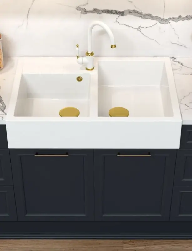 Quadri Minister Двойна рустикална бяла мивка 90x62 см с медна цедка и преливник 1208956329