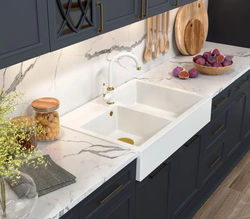 Quadri Minister Двойна рустикална бяла мивка 90x62 см с медна цедка и преливник 1208956329