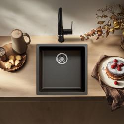 Синтетична черна мивка 40x40 см за монтаж под, над и на нивото на плота с цедка от неръждаема стомана 1208956390