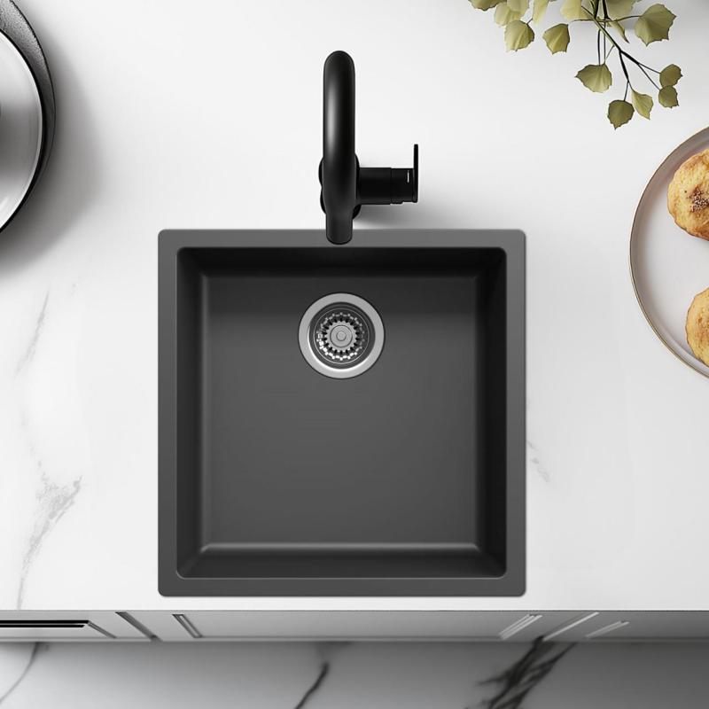 Синтетична черна мивка 40x40 см за монтаж под, над и на нивото на плота с цедка от неръждаема стомана 1208956390