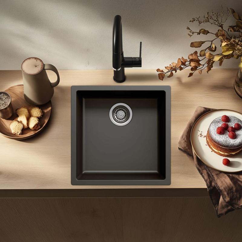 Синтетична черна мивка 40x40 см за монтаж под, над и на нивото на плота с цедка от неръждаема стомана 1208956390