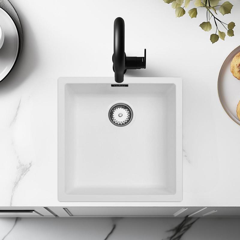 Синтетична бяла мивка 40x40 см за монтаж под, над и на нивото на плота с цедка от неръждаема стомана 1208956392