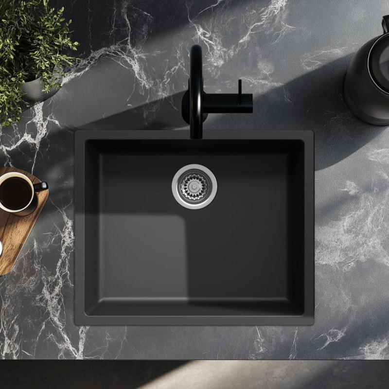 Синтетична мивка Black 50x40 см за монтаж под, над и на нивото на плота с цедка от неръждаема стомана 1208956395