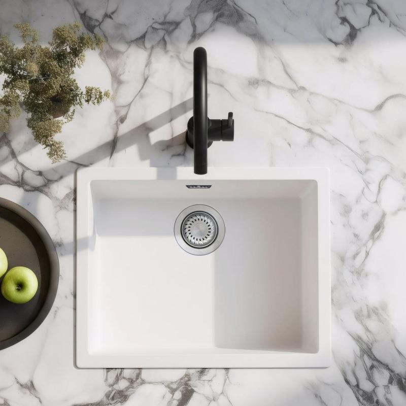 Бяла синтетична мивка 50x40 см за монтаж под, над и на нивото на плота с цедка от неръждаема стомана 1208956397