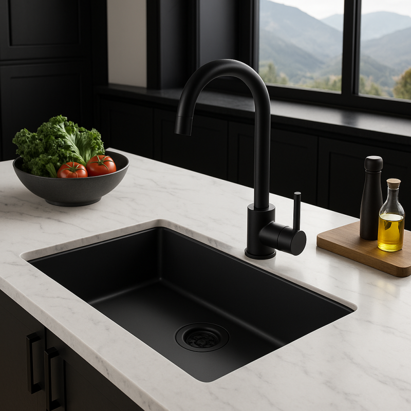 Синтетична черна голяма мивка 70x40 см за монтаж под, над и на нивото на плота с черна цедка 1208956401