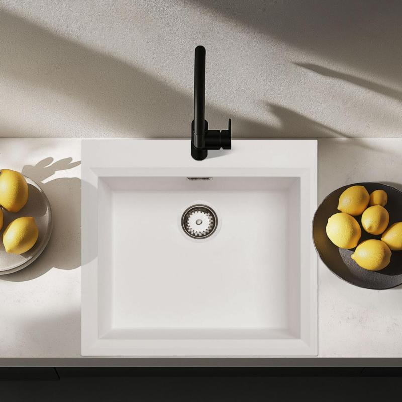 Бяла мивка за монтаж над нивото на плота 58x53 см с отвор за смесител и цедка от неръждаема стомана 1208956763