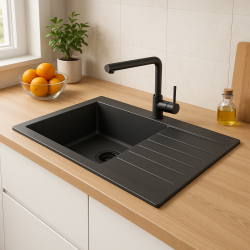 Ausmann Fibre голяма черна синтетична мивка с обръщаем отцедник 86x50 см с черна цедка 1208956781