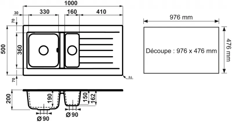 Ausmann Fibre 1,5 черна пластмасова мивка, обръщаема, с капкоуловител, монтаж върху плот, 100x50 cm, с черен запушалка 1208956784
