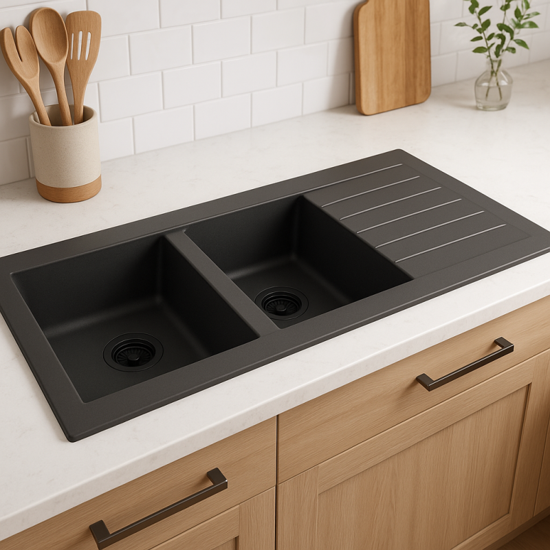 Ausmann Fibre двойна черна синтетична обръщаема мивка с отцедник 116x50 см с черна цедка 1208956790