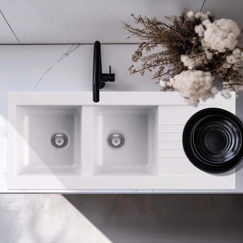 Ausmann Fibre двойна бяла синтетична мивка с обръщаем отцедник 116x50 см 1208956794