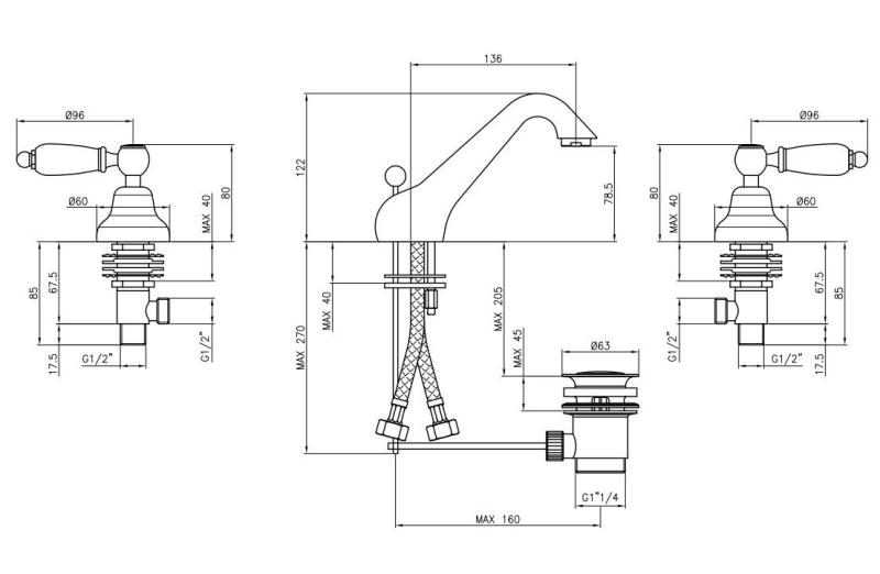 PB класически кран за 3 отвора нисък смесител за умивалник Бели дръжки Хром 1208956906