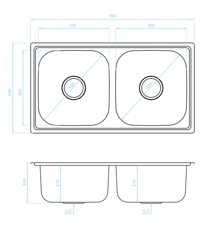 Ausmann Basic двойна мивка от неръждаема стомана за монтаж над нивото на плота 78x43 см, включително сифон 1208956995