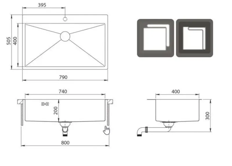 Ausmann Oder Blue голяма мивка от неръждаема стомана 79x50 см за монтаж над и на нивото на плота с отвор за смесител 1208957119