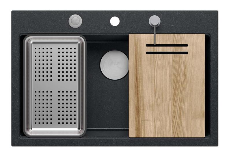 Quadri матово черен твърд гранит за монтаж над нивото на плота 76x50 см с аксесоари 1208957201