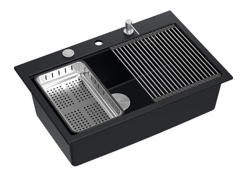 Quadri матово черен твърд гранит за монтаж над нивото на плота 76x50 см с аксесоари 1208957201