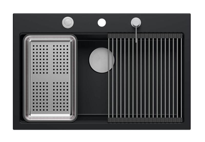 Quadri матово черен твърд гранит за монтаж над нивото на плота 76x50 см с аксесоари 1208957201