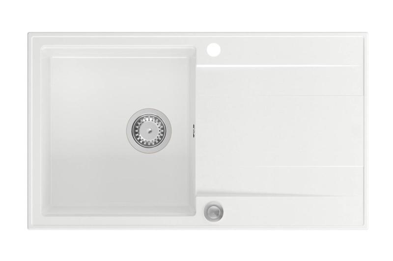 Quadri Luton бяла гранитна мивка за монтаж над нивото на плота с обръщаем отцедник 86x50 см с цедка от неръждаема стомана 1208957328