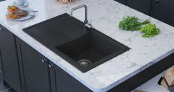 GraniteMy Smart изключително плитка гранитна мивка за монтаж над нивото на плота в черно 76x44 см с обръщаем отцедник 1208957353