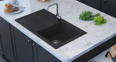 GraniteMy Smart изключително плитка гранитна мивка за монтаж над нивото на плота в черно 76x44 см с обръщаем отцедник 1208957353
