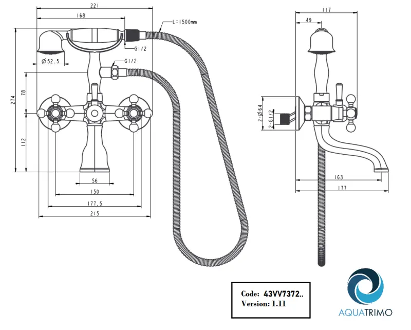 AquaTrimo Vivaldi класически вграден смесител за вана с копчета за сила Хром, включително ръчен душ 43VV7372CM