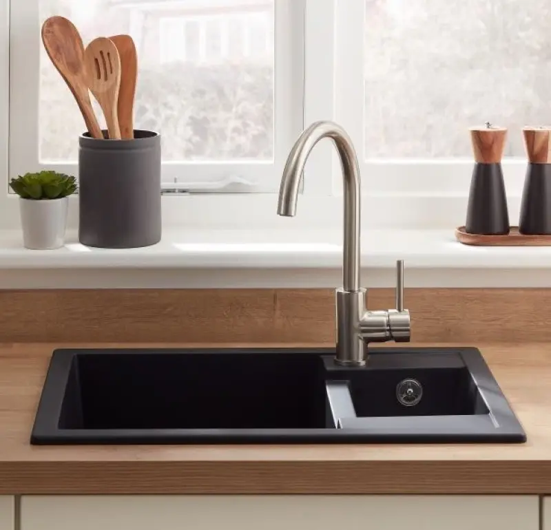 GraniteMy Smart изключително плитка 1,5 гранитна мивка за монтаж над нивото на плота в черен цвят, обръщаема 58x44 см 1208957386