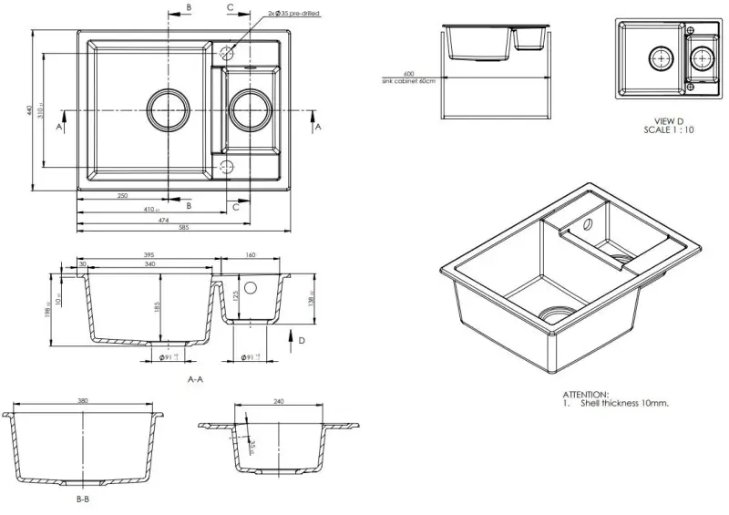 GraniteMy Smart изключително плитка 1,5 гранитна мивка за монтаж над нивото на плота в черен цвят, обръщаема 58x44 см 1208957386
