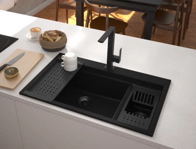 GraniteMy Limited 1.5 гранитна мивка за монтаж под и над нивото на плота, черна, вкл. аксесоари 76x48 см 1208957389