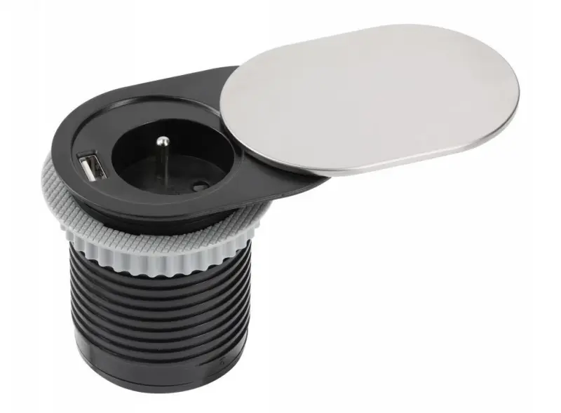 Вграден кухненски контакт Indux Slide със защитна заземяваща система в работната плота с USB и контакт, цвят - неръждаема стомана 1208957392