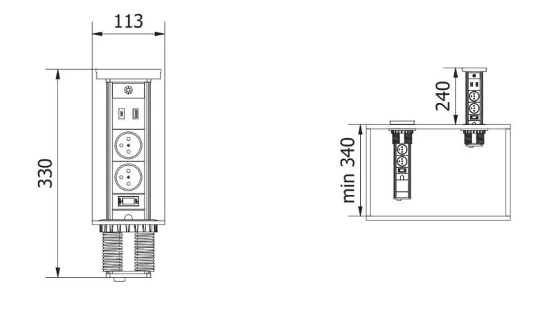 Indux Lift Потъващ контакт в черно за кухненски плот, с осветление, 2 x USB и безжично зареждане 1208957401