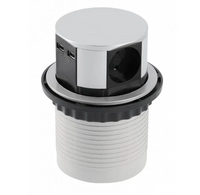 Indux Push Потъваща сребърна колона за работния плот с 3 гнезда и 2 x USB 1208957411