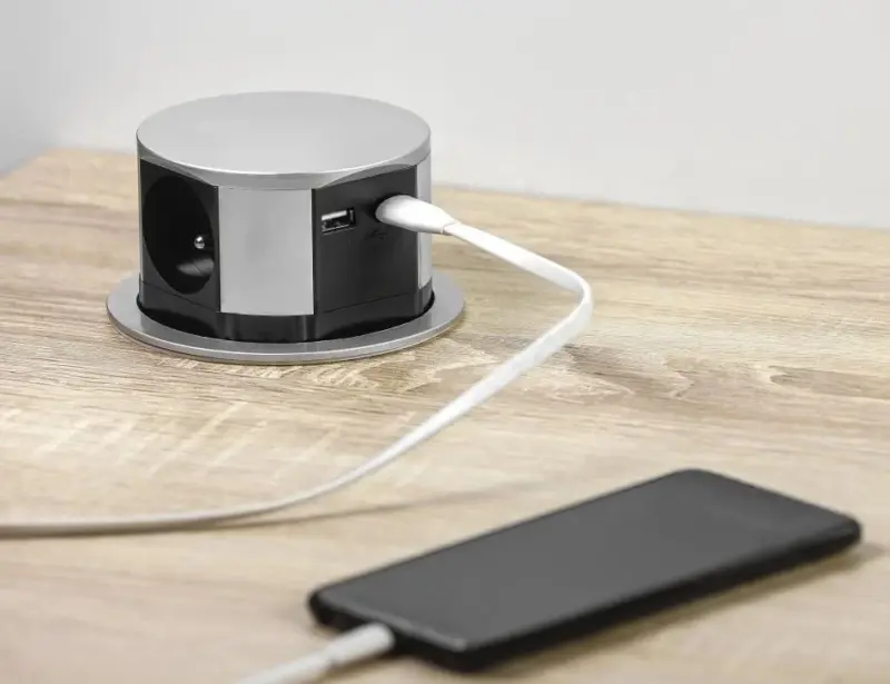 Indux Push Потъваща сребърна колона за работния плот с 3 гнезда и 2 x USB 1208957411