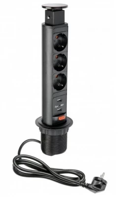 Indux Up & Down Малка потъваща черна колона за работния плот, 3 контакта и 2 x USB 1208957416