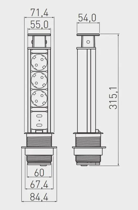 Indux Up & Down Малка потъваща черна колона за работния плот, 3 контакта и 2 x USB 1208957416