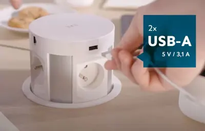 Indux Push Потъваща бяла кколона за работния плот с 4 контакта, 2 x USB, 2 x RJ45 и безжично зареждане 1208957419