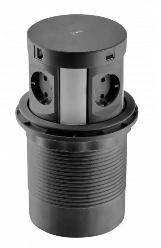 Indux Push Потъваща черна колона за работния плот с 4 контакта, 2 x USB, 2 x RJ45 и безжично зареждане 1208957420